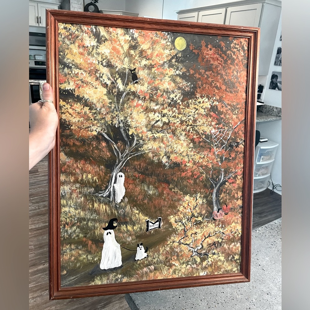 Spooky acrylic painting with ghosts.